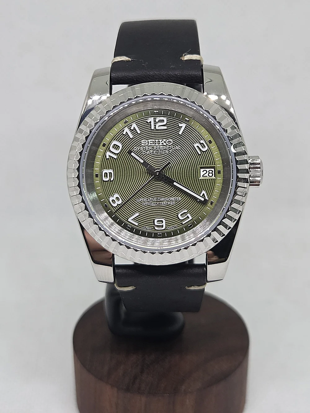 Custom 39mm Automatic Seiko Mod Watch Datejust with Olive Green Dial NH35